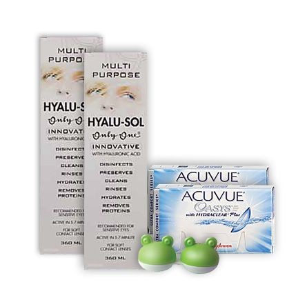 Acuvue Oasys sooduskomplekt 6+6 läätse, Hyalu-Sol 360ml 2tk ja lõbus konteiner